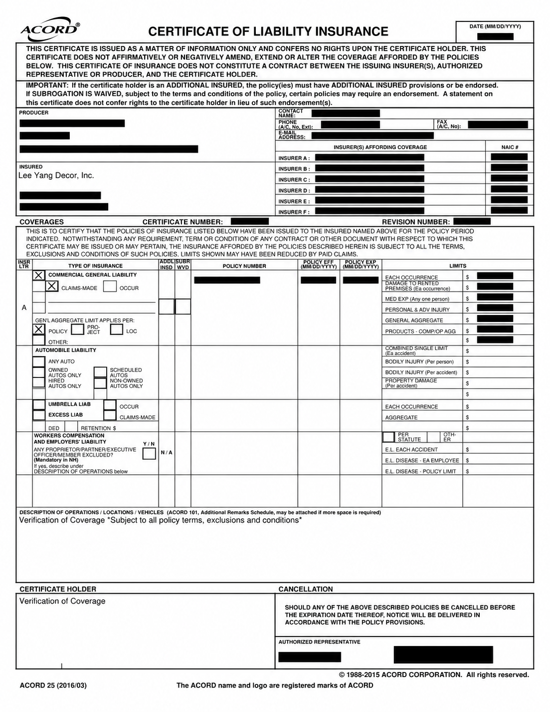 Lee Yang Decor, Inc. certificate of liability insurance, privacy-redacted copy